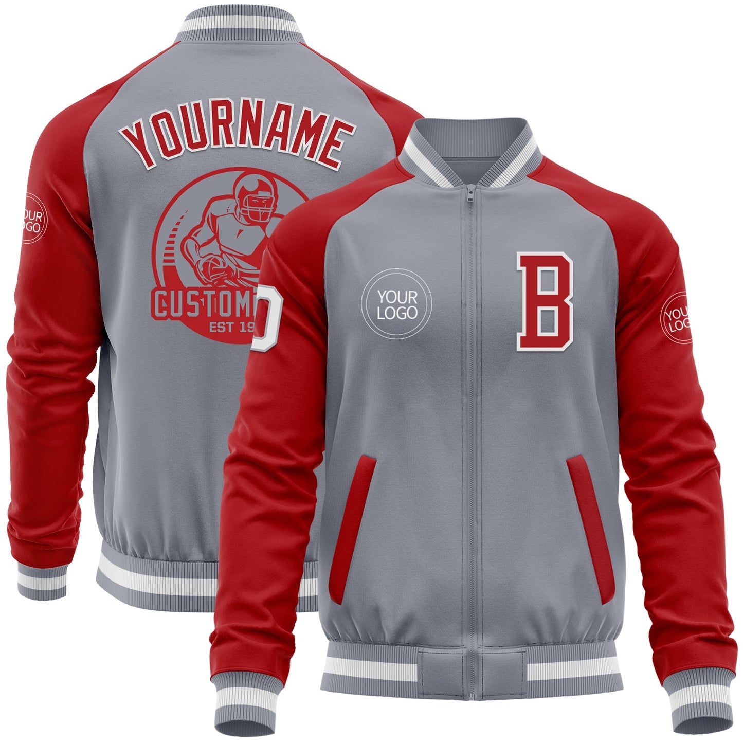 Custom Gray White-Red Bomber Varsity Letterman Two Tone Zipper Jacket - Main View
