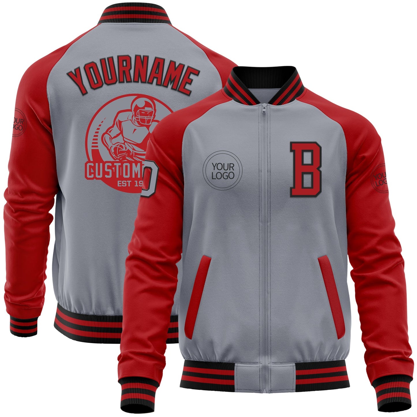Custom Gray Black-Red Bomber Varsity Letterman Two Tone Zipper Jacket - Main View