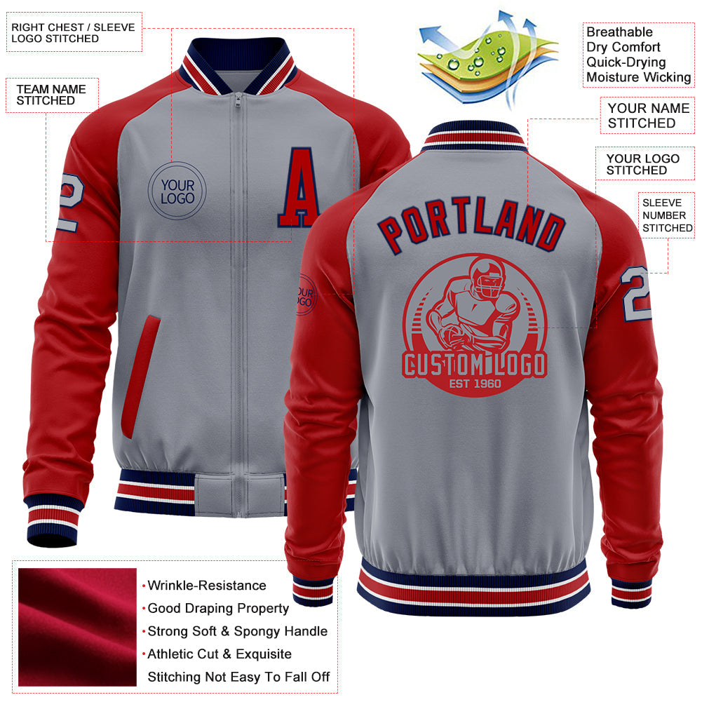 Custom Gray Navy-Red Bomber Varsity Letterman Two Tone Zipper Jacket view 4