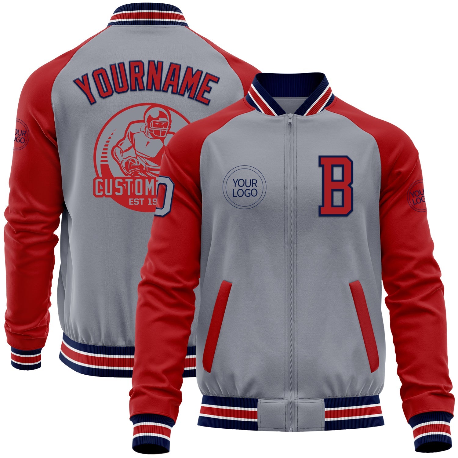 Custom Gray Navy-Red Bomber Varsity Letterman Two Tone Zipper Jacket - Main View