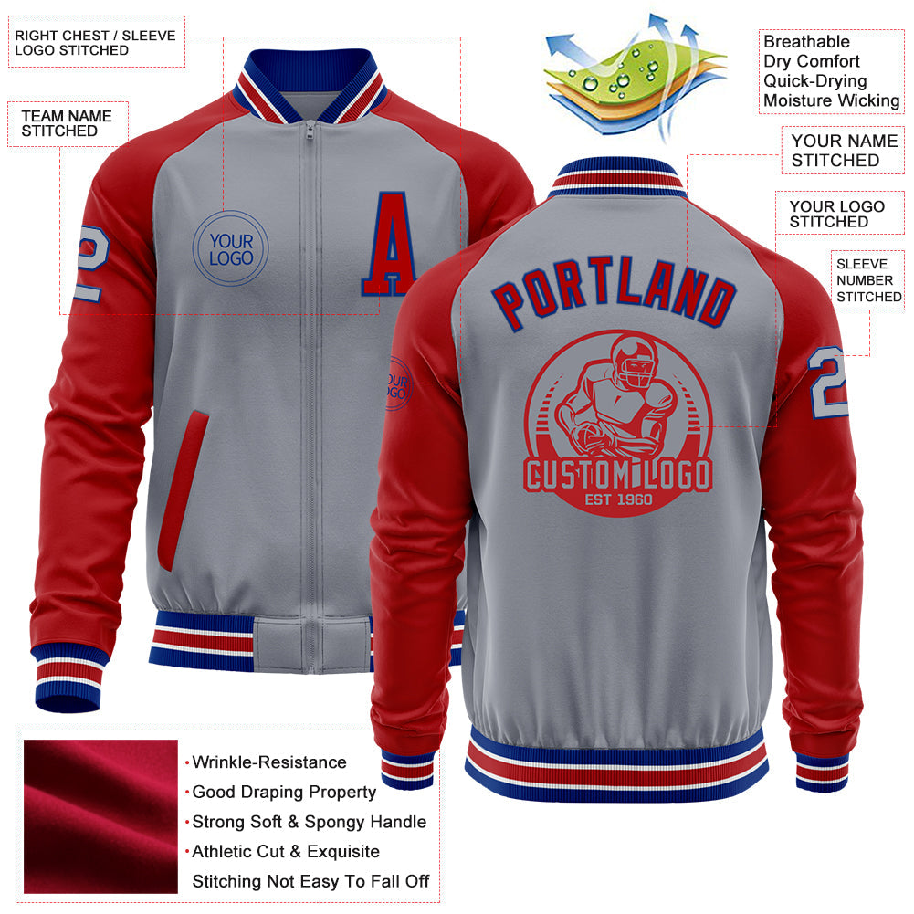 Custom Gray Royal-Red Bomber Varsity Letterman Two Tone Zipper Jacket view 4