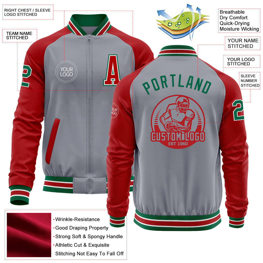 Custom Gray Kelly Green-Red Bomber Varsity Letterman Two Tone Zipper Jacket view 4