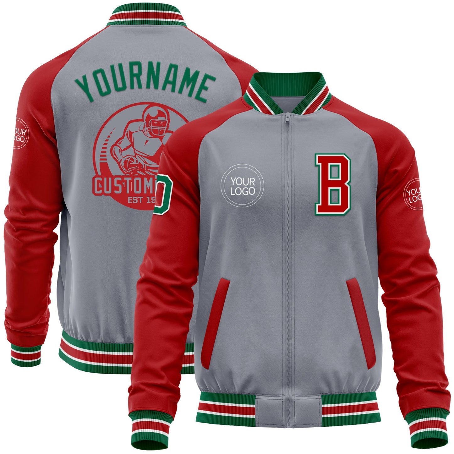Custom Gray Kelly Green-Red Bomber Varsity Letterman Two Tone Zipper Jacket - Main View