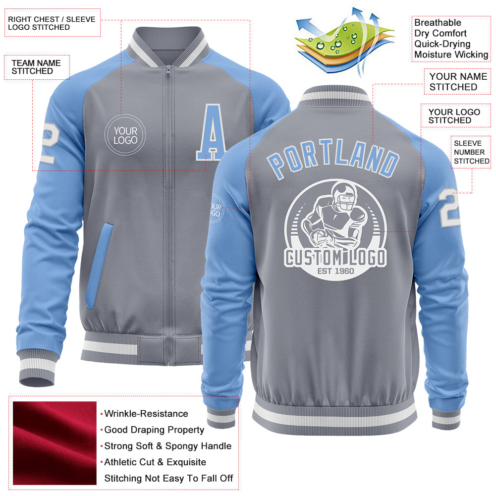 Custom Gray White-Light Blue Bomber Varsity Letterman Two Tone Zipper Jacket view 4