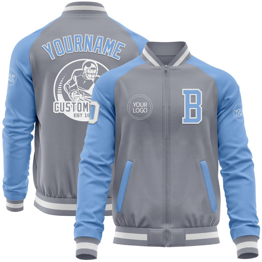 Custom Gray White-Light Blue Bomber Varsity Letterman Two Tone Zipper Jacket - Main View