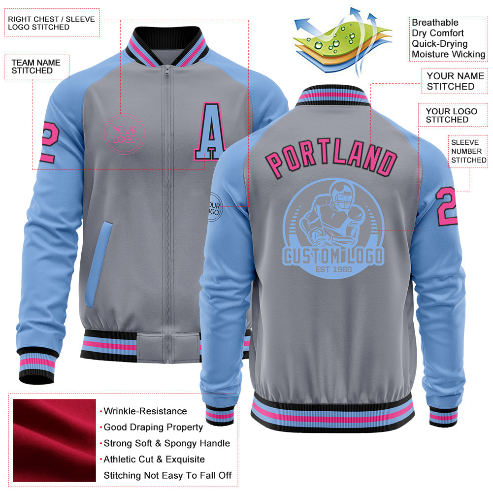 Custom Gray Pink Black-Light Blue Bomber Varsity Letterman Two Tone Zipper Jacket view 4