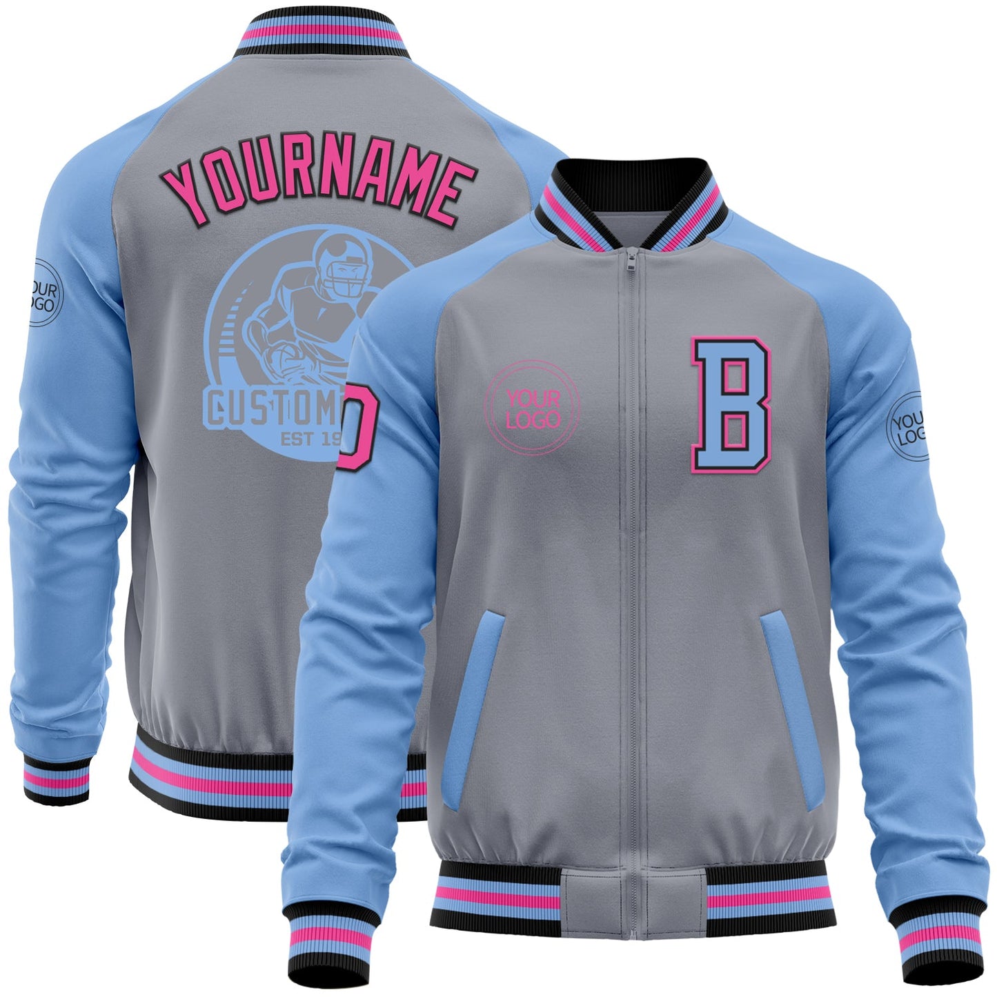 Custom Gray Pink Black-Light Blue Bomber Varsity Letterman Two Tone Zipper Jacket - Main View