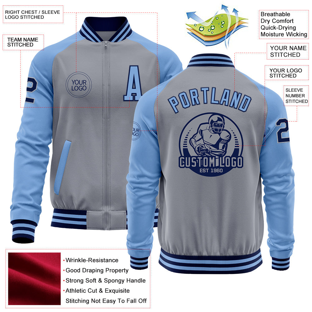 Custom Gray Navy-Light Blue Bomber Varsity Letterman Two Tone Zipper Jacket view 4