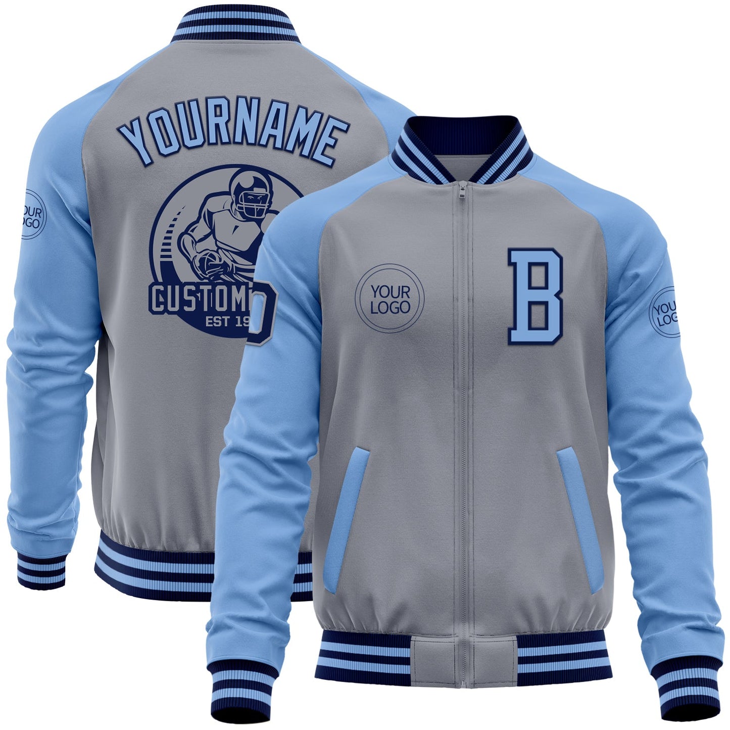 Custom Gray Navy-Light Blue Bomber Varsity Letterman Two Tone Zipper Jacket - Main View