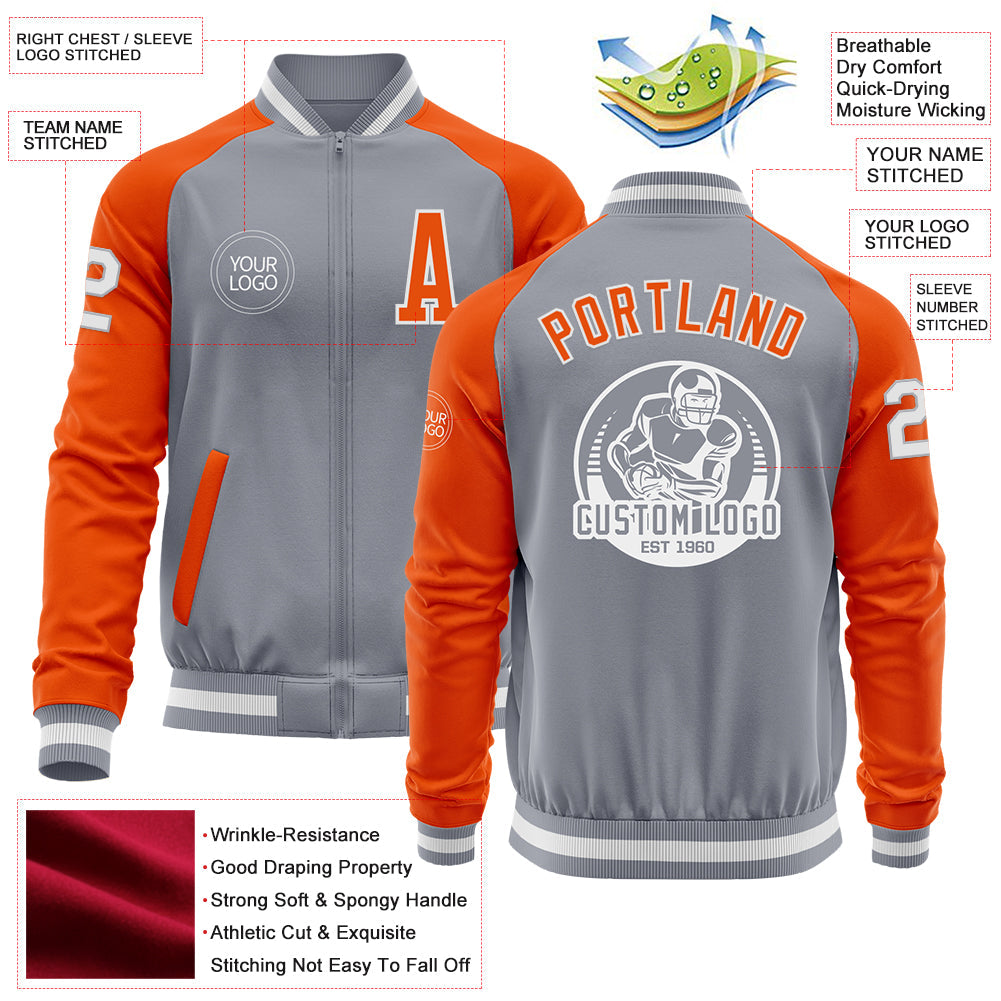 Custom Gray White-Orange Bomber Varsity Letterman Two Tone Zipper Jacket view 4