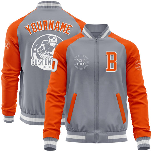Custom Gray White-Orange Bomber Varsity Letterman Two Tone Zipper Jacket - Main View