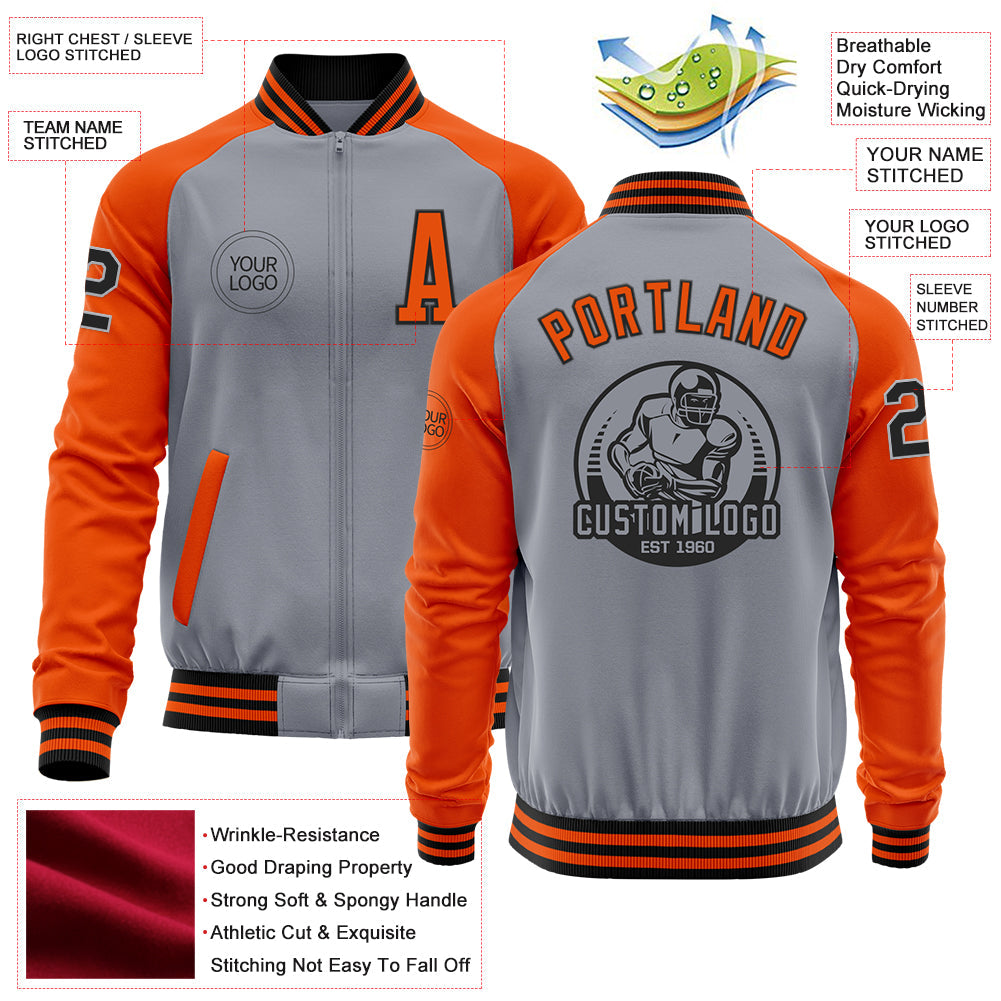 Custom Gray Black-Orange Bomber Varsity Letterman Two Tone Zipper Jacket view 4