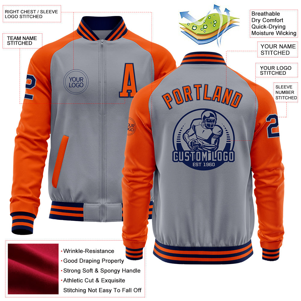 Custom Gray Navy-Orange Bomber Varsity Letterman Two Tone Zipper Jacket view 4