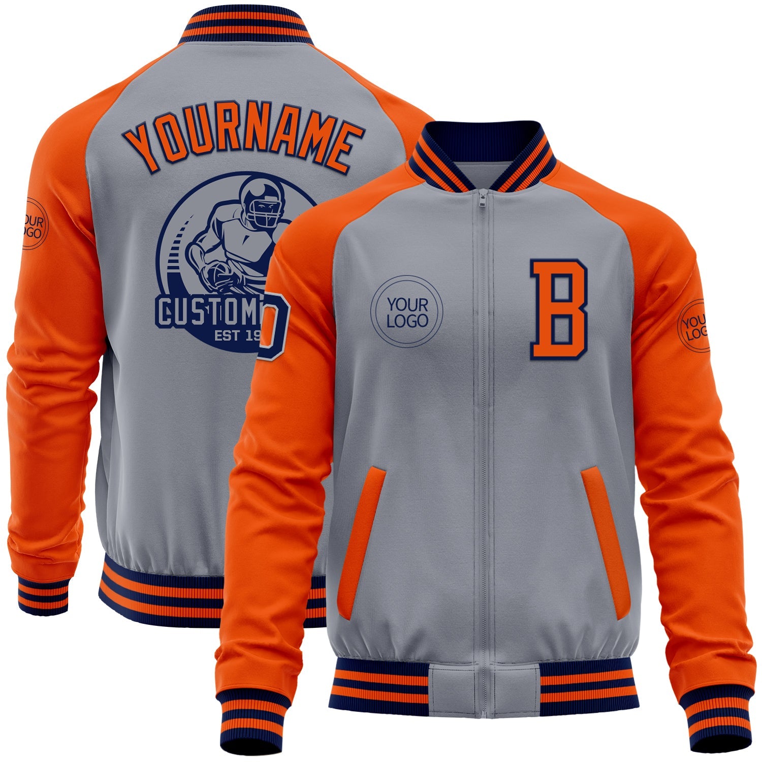 Custom Gray Navy-Orange Bomber Varsity Letterman Two Tone Zipper Jacket - Main View