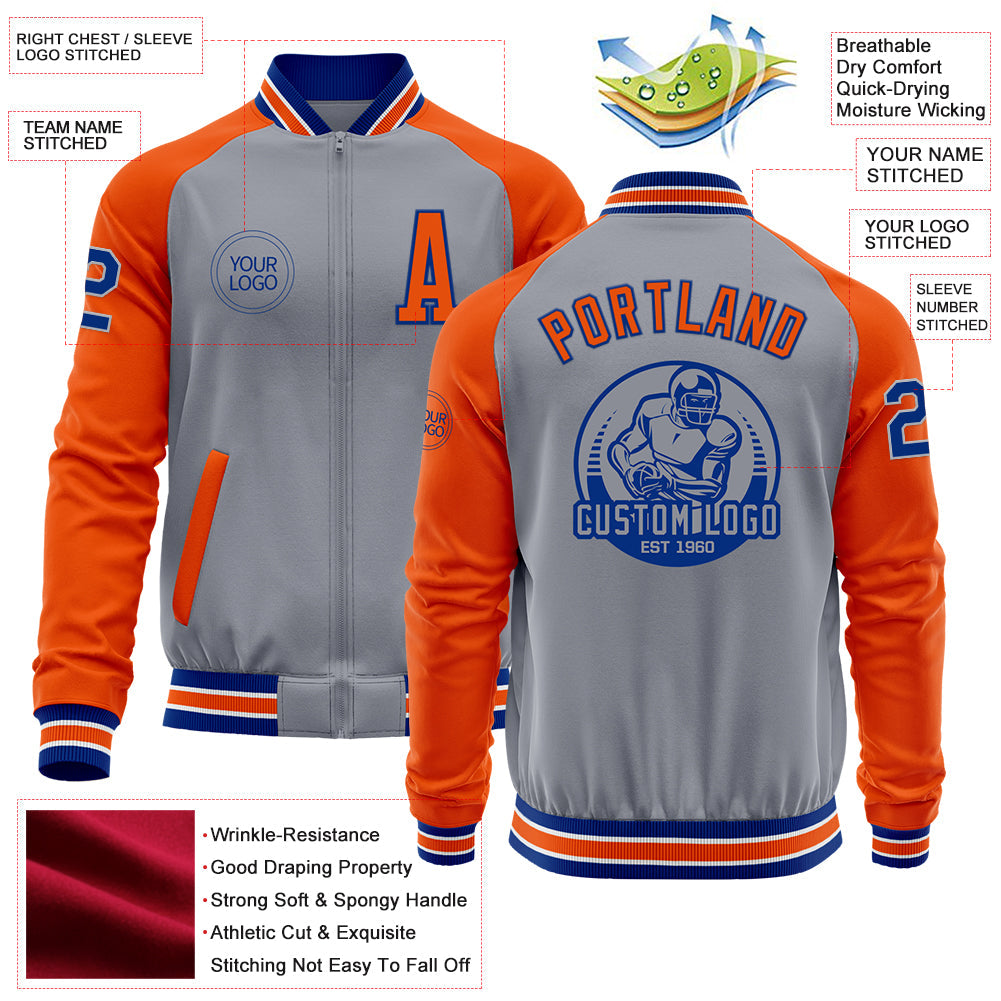 Custom Gray Royal-Orange Bomber Varsity Letterman Two Tone Zipper Jacket view 4