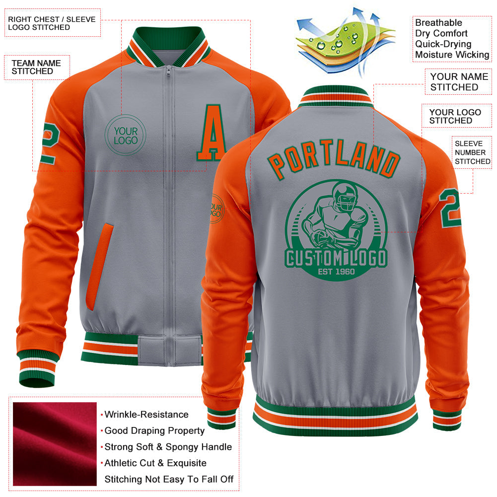 Custom Gray Kelly Green-Orange Bomber Varsity Letterman Two Tone Zipper Jacket view 4