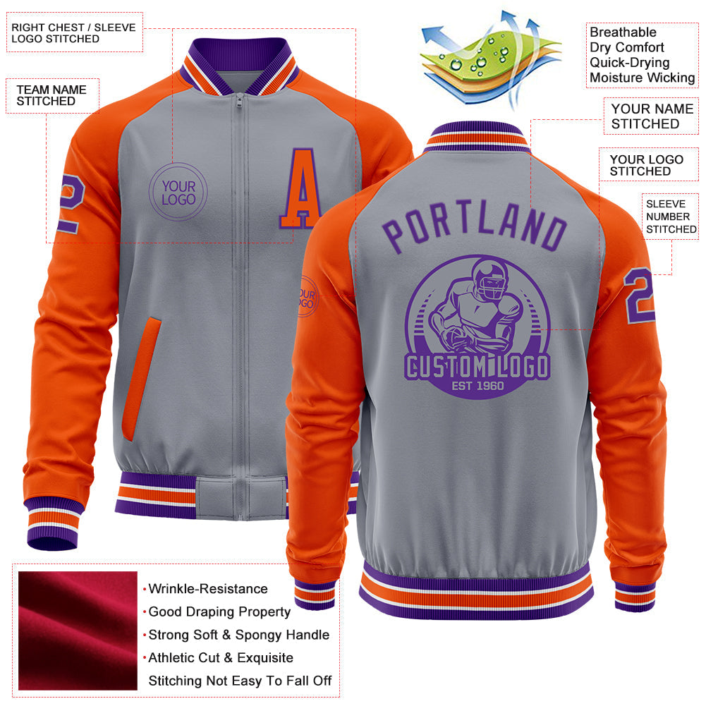 Custom Gray Purple-Orange Bomber Varsity Letterman Two Tone Zipper Jacket view 4