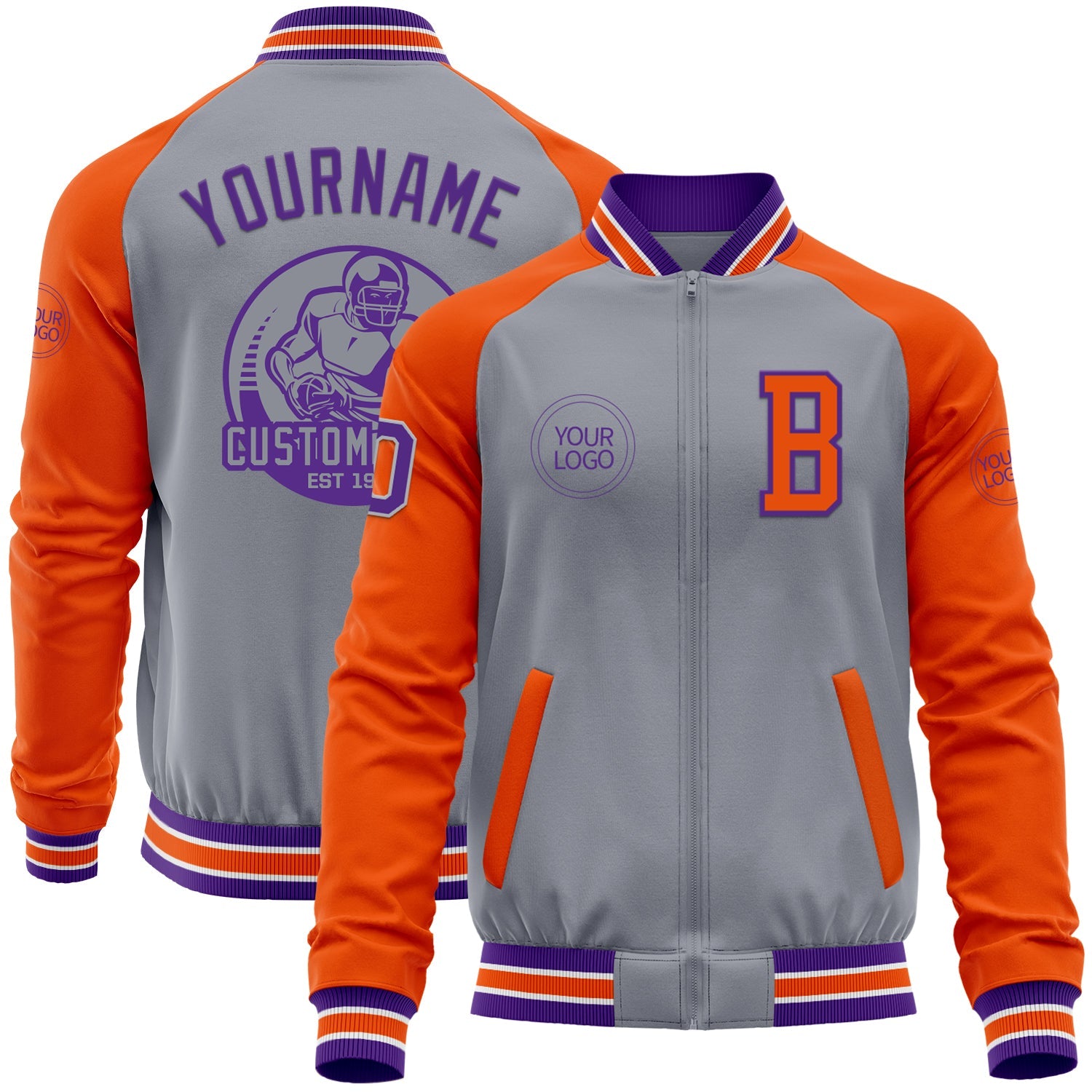 Custom Gray Purple-Orange Bomber Varsity Letterman Two Tone Zipper Jacket - Main View