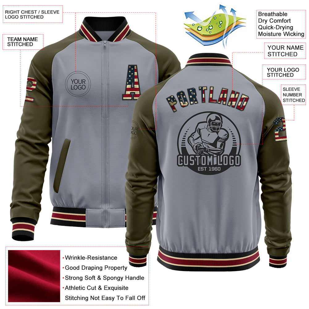 Custom Gray Vintage USA Flag Black City Cream Crimson-Olive Varsity Letterman Two Tone Zipper Jacket view 4