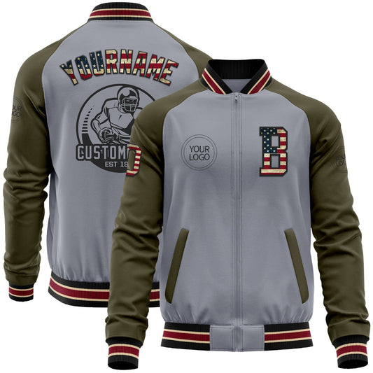 Custom Gray Vintage USA Flag Black City Cream Crimson-Olive Varsity Letterman Two Tone Zipper Jacket - Main View