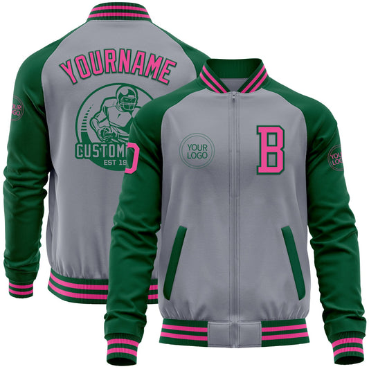 Custom Gray Pink-Kelly Green Varsity Letterman Two Tone Zipper Jacket - Main View