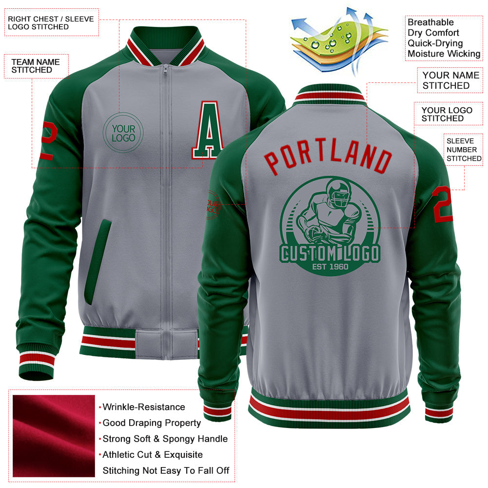 Custom Gray Red-Kelly Green Varsity Letterman Two Tone Zipper Jacket view 4