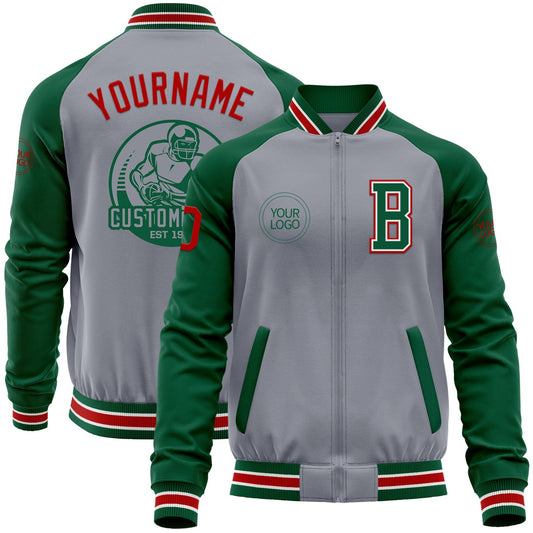 Custom Gray Red-Kelly Green Varsity Letterman Two Tone Zipper Jacket - Main View
