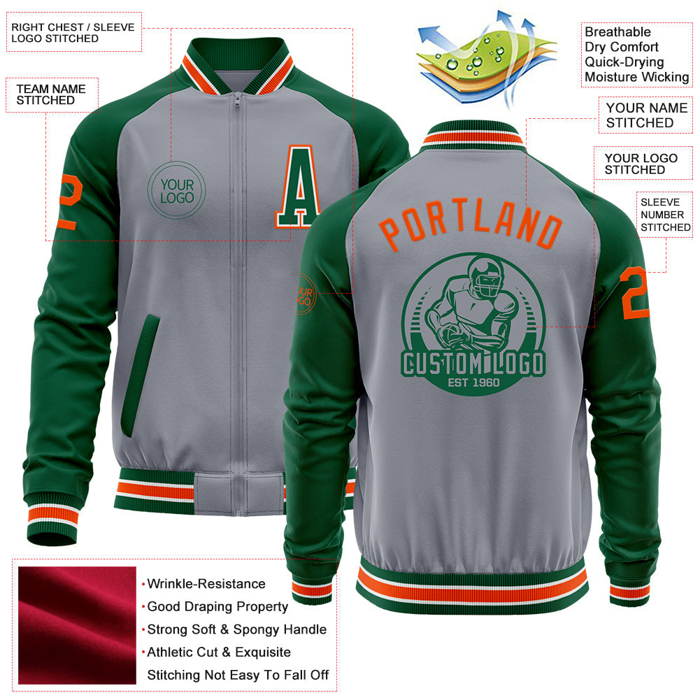 Custom Gray Orange-Kelly Green Varsity Letterman Two Tone Zipper Jacket view 4
