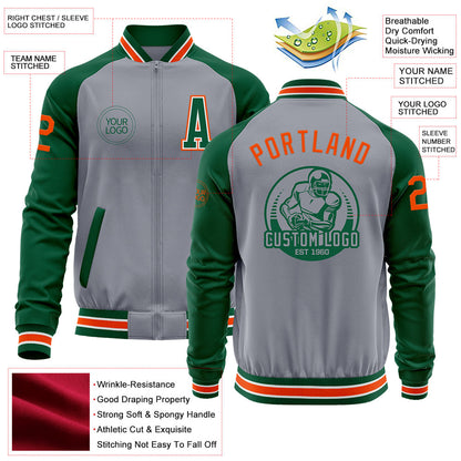 Custom Gray Orange-Kelly Green Varsity Letterman Two Tone Zipper Jacket view 4