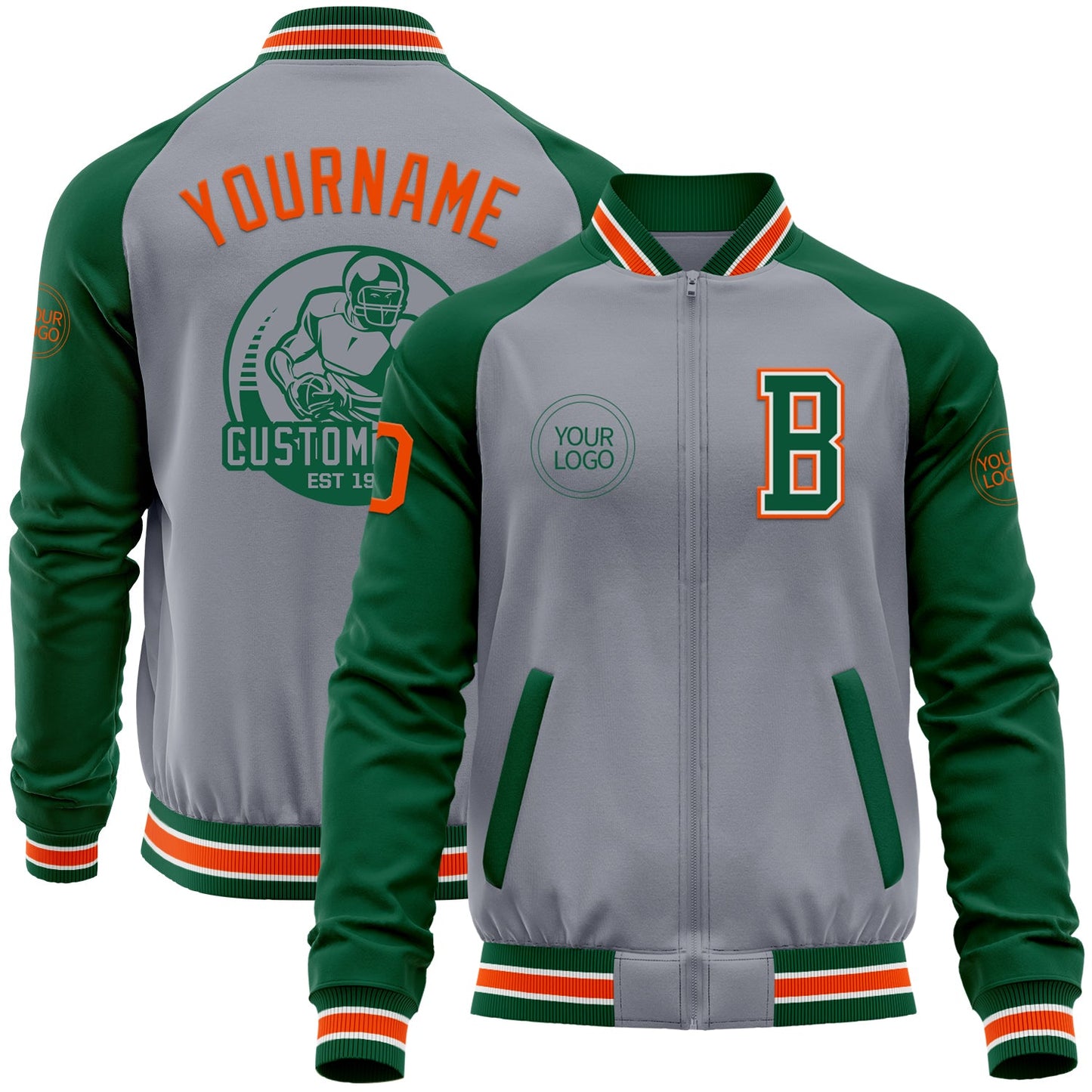 Custom Gray Orange-Kelly Green Varsity Letterman Two Tone Zipper Jacket - Main View