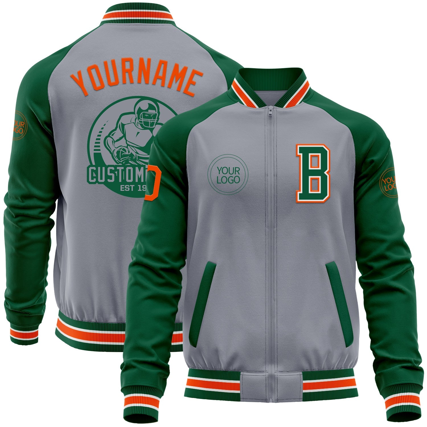 Custom Gray Orange-Kelly Green Varsity Letterman Two Tone Zipper Jacket - Main View