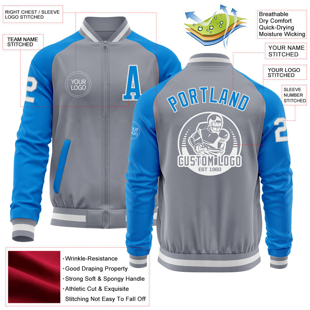 Custom Gray White-Powder Blue Varsity Letterman Two Tone Zipper Jacket view 4