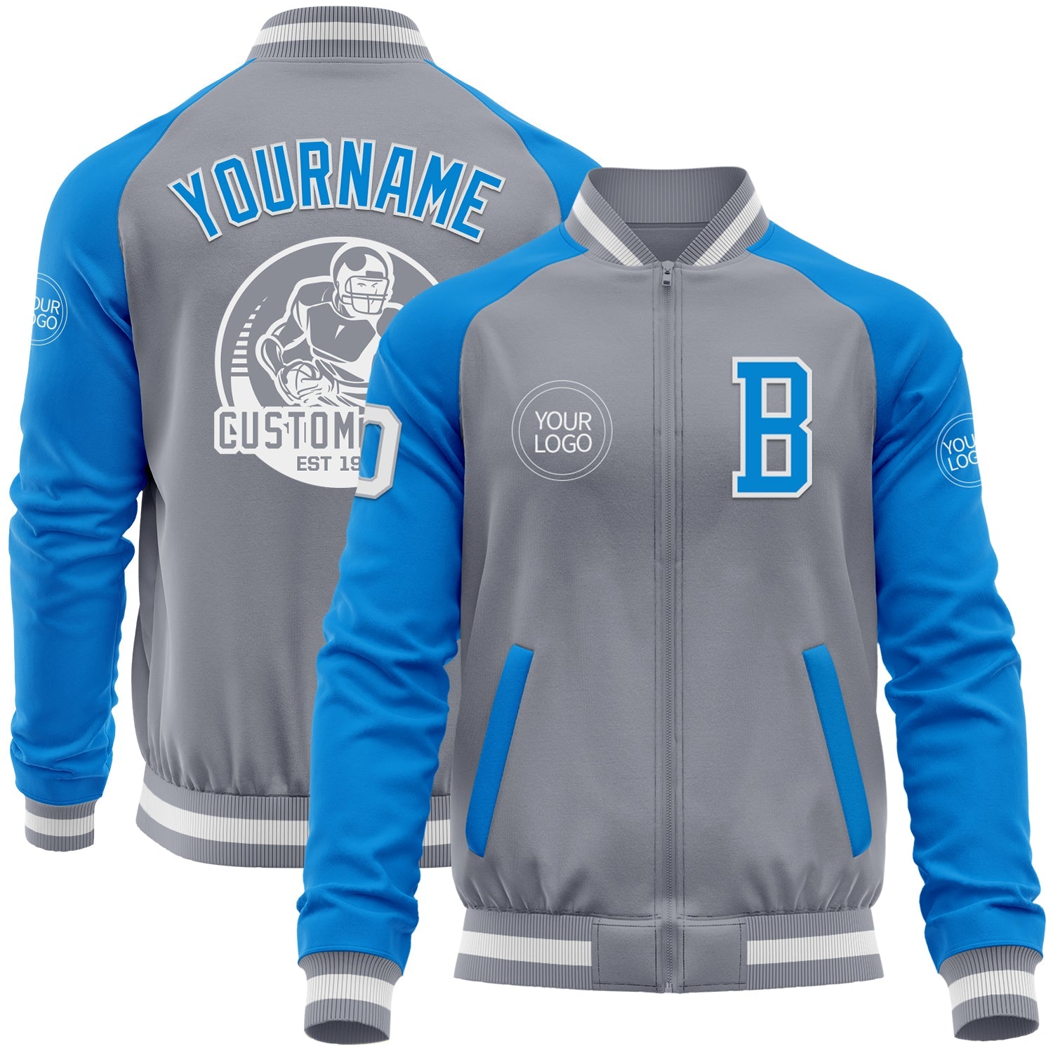 Custom Gray White-Powder Blue Varsity Letterman Two Tone Zipper Jacket - Main View
