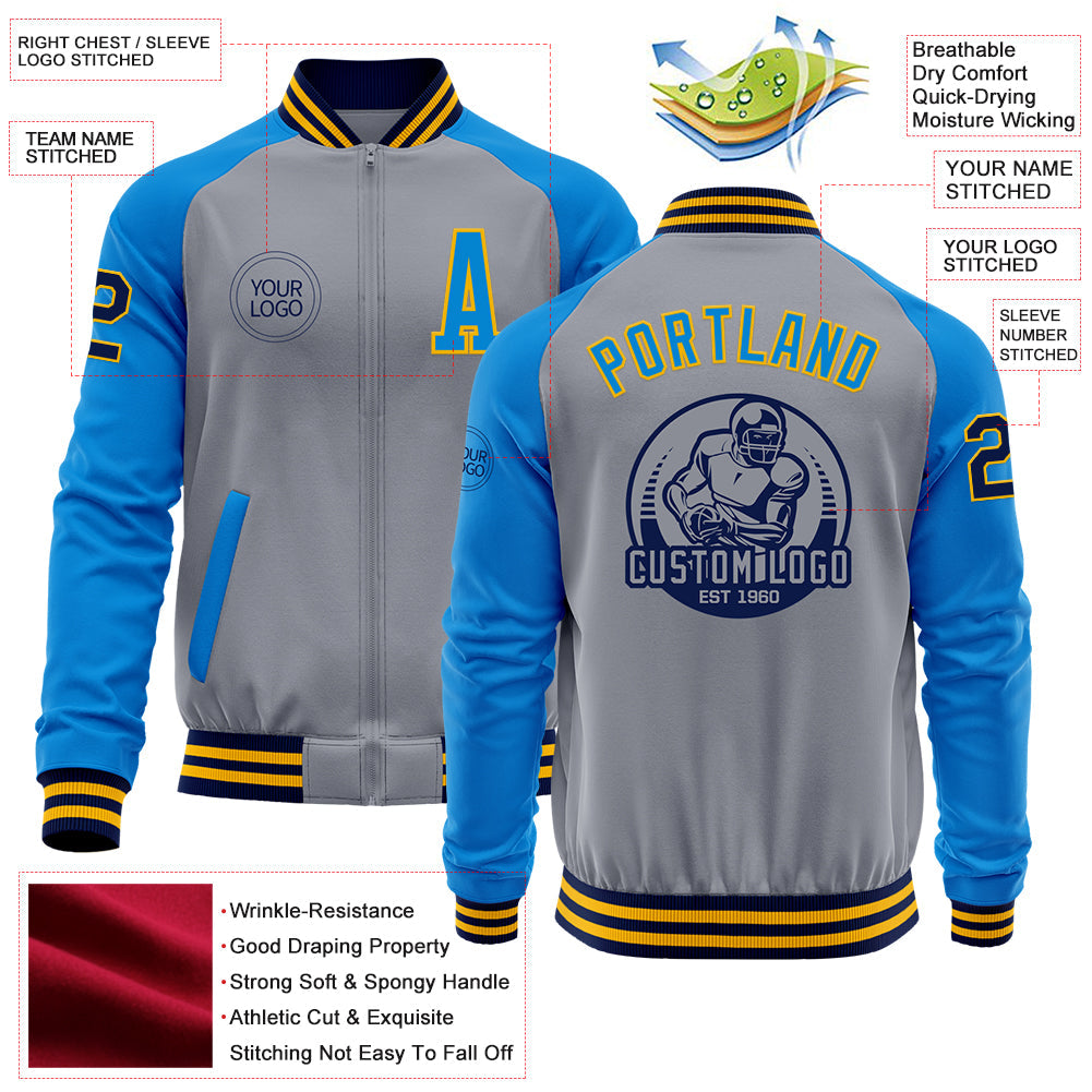 Custom Gray Navy Gold-Powder Blue Varsity Letterman Two Tone Zipper Jacket view 4