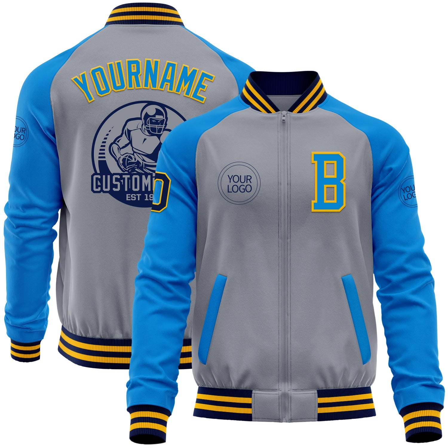 Custom Gray Navy Gold-Powder Blue Varsity Letterman Two Tone Zipper Jacket - Main View
