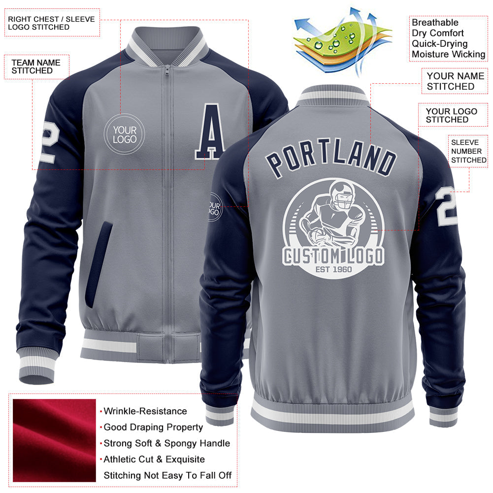 Custom Gray White-Navy Varsity Letterman Two Tone Zipper Jacket view 4