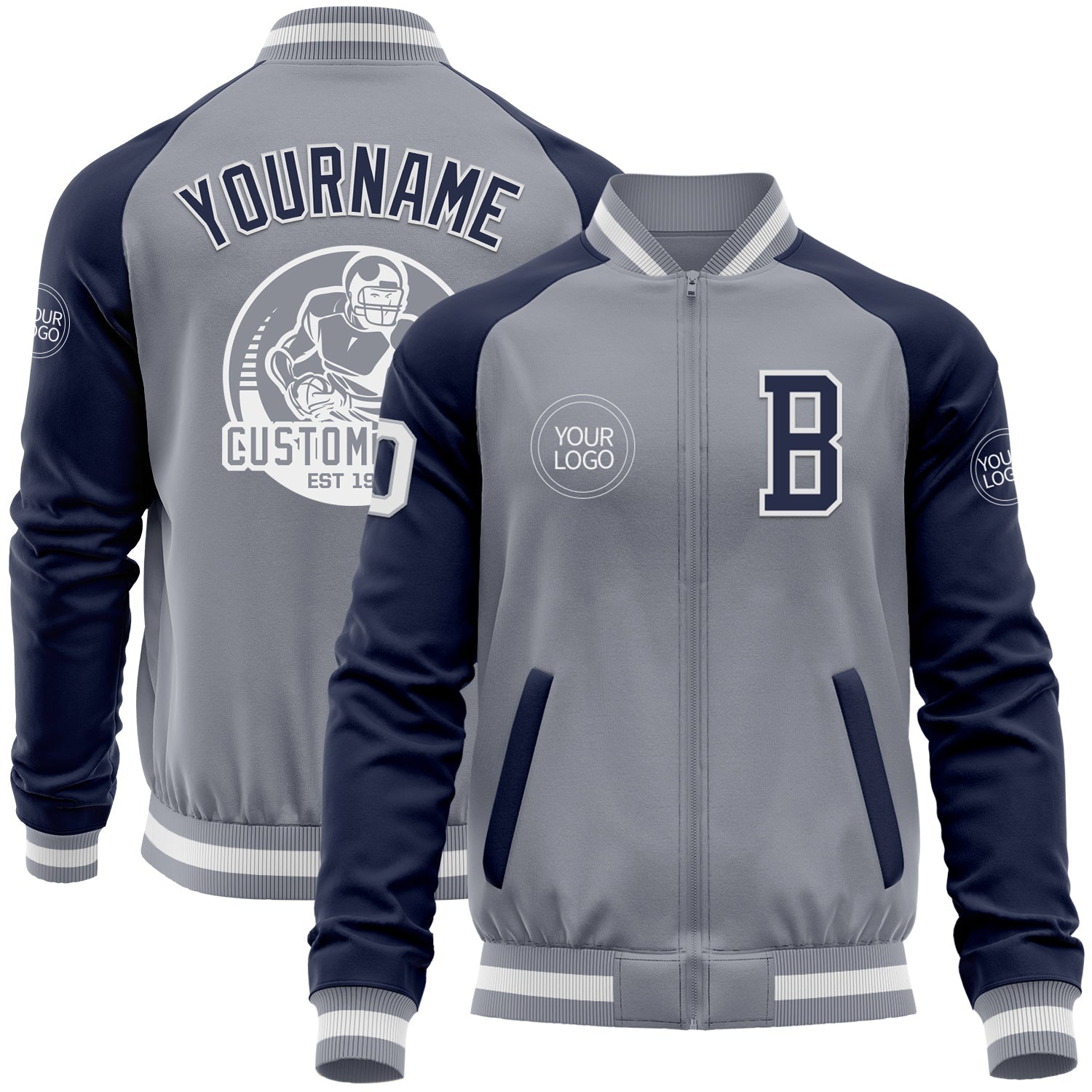 Custom Gray White-Navy Varsity Letterman Two Tone Zipper Jacket - Main View