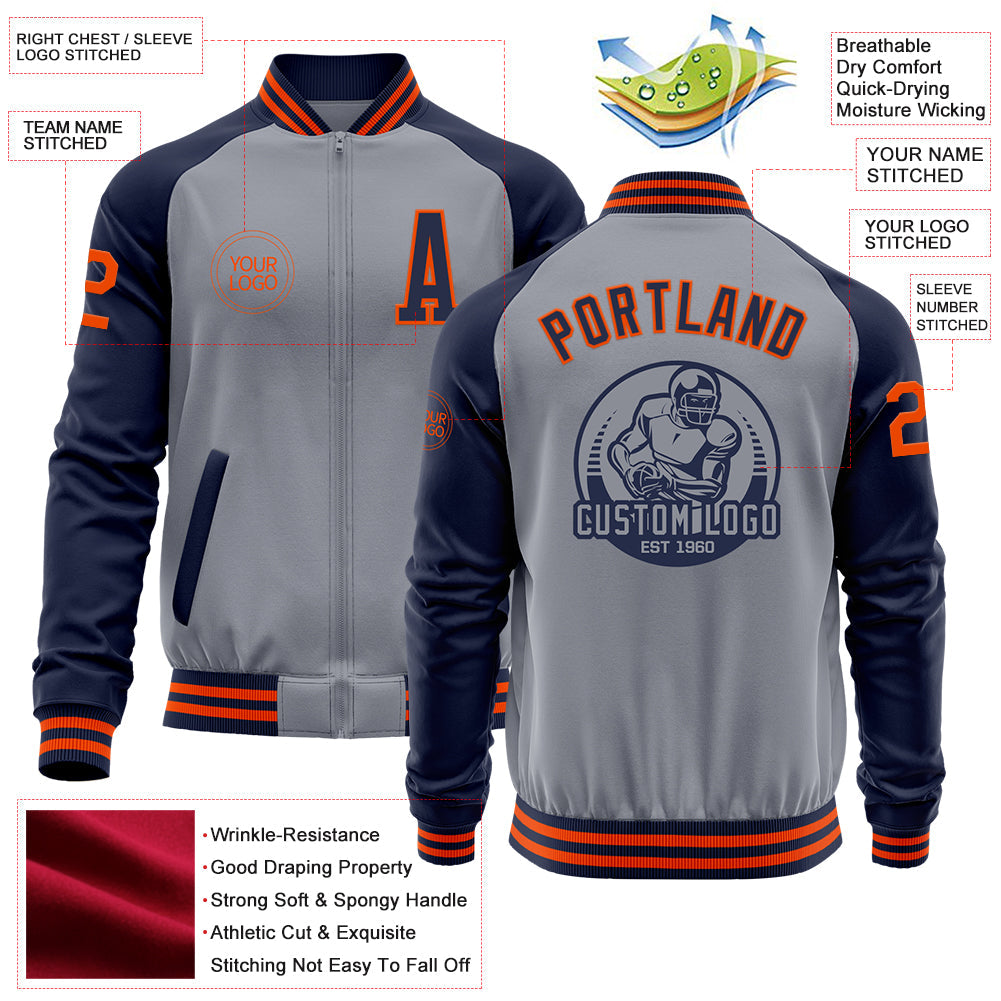 Custom Gray Orange-Navy Varsity Letterman Two Tone Zipper Jacket view 4