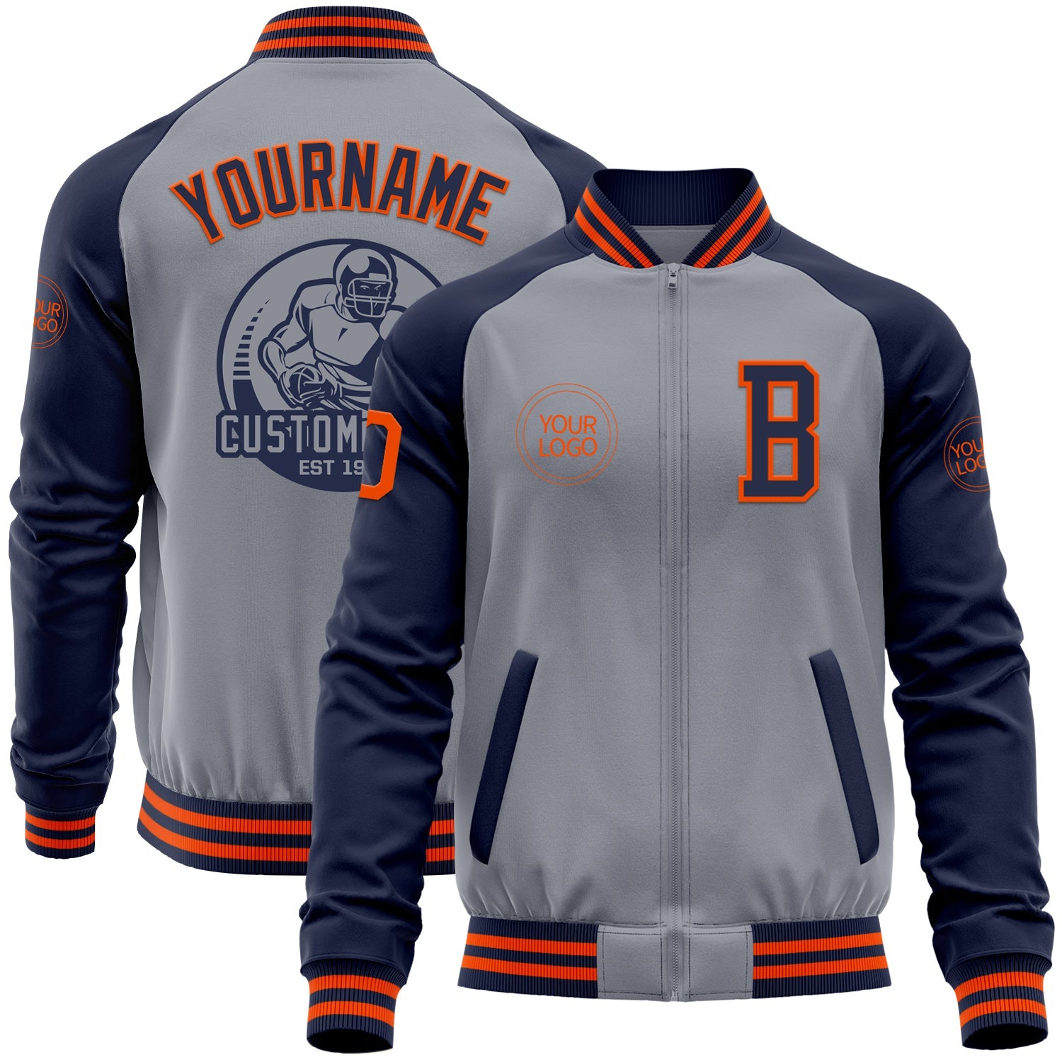 Custom Gray Orange-Navy Varsity Letterman Two Tone Zipper Jacket - Main View