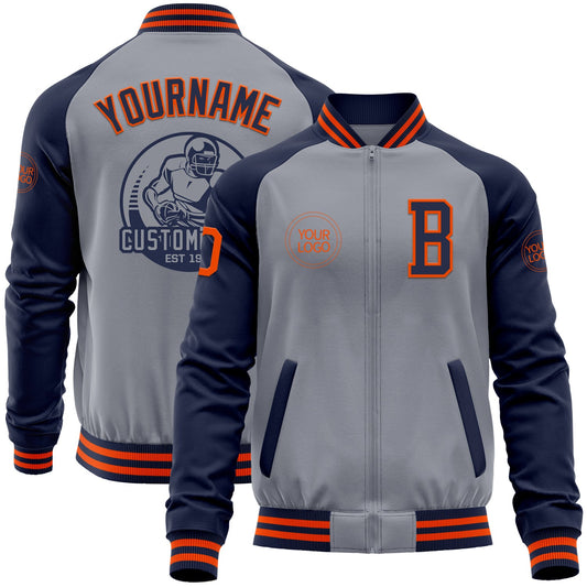 Custom Gray Orange-Navy Varsity Letterman Two Tone Zipper Jacket - Main View