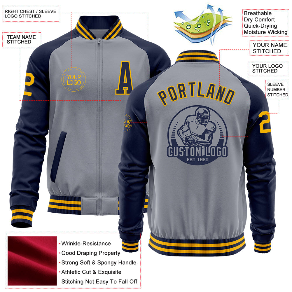 Custom Gray Gold-Navy Varsity Letterman Two Tone Zipper Jacket view 4