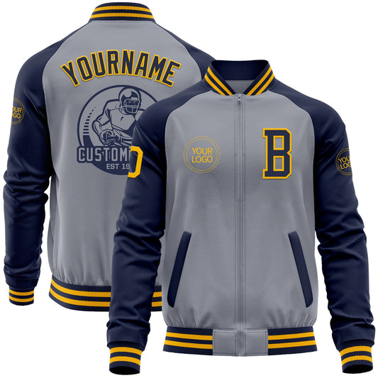 Custom Gray Gold-Navy Varsity Letterman Two Tone Zipper Jacket - Main View
