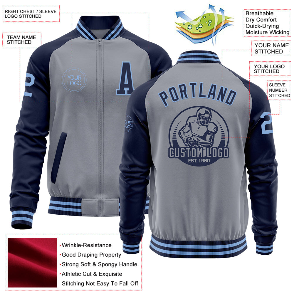 Custom Gray Light Blue-Navy Varsity Letterman Two Tone Zipper Jacket view 4