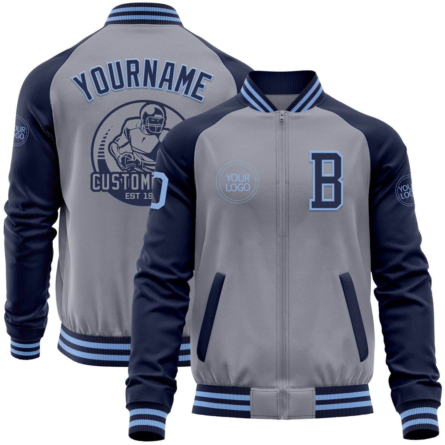 Custom Gray Light Blue-Navy Varsity Letterman Two Tone Zipper Jacket - Main View