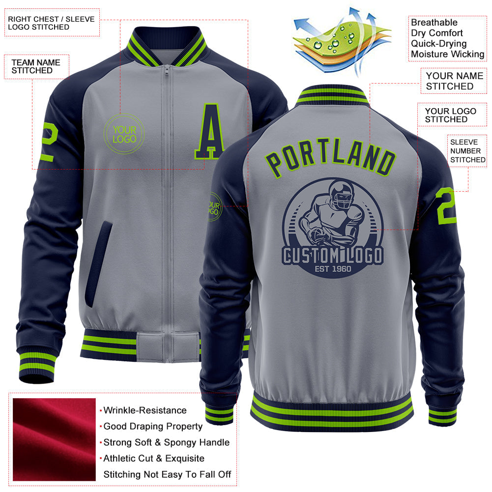Custom Gray Neon Green-Navy Varsity Letterman Two Tone Zipper Jacket view 4