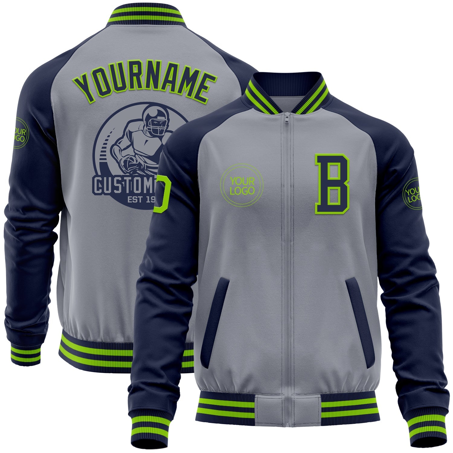 Custom Gray Neon Green-Navy Varsity Letterman Two Tone Zipper Jacket - Main View