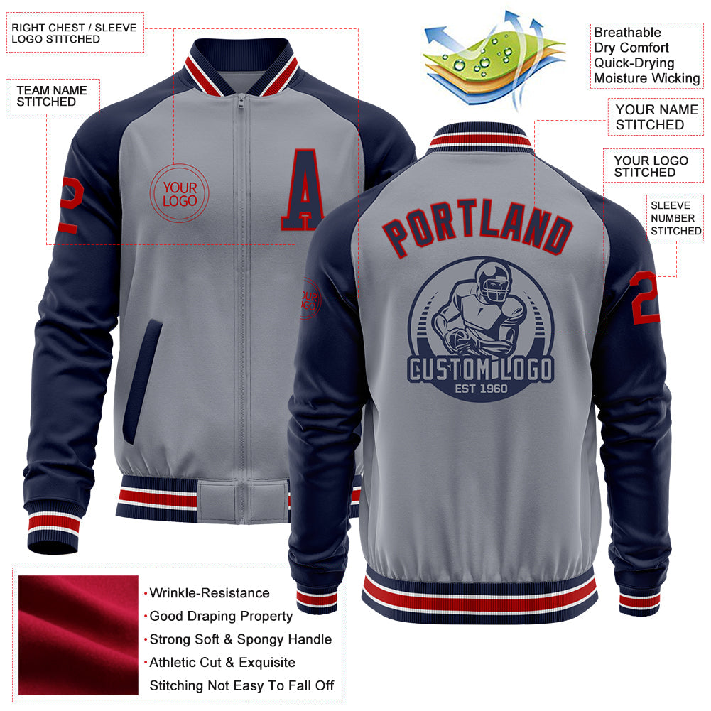 Custom Gray Red-Navy Varsity Letterman Two Tone Zipper Jacket view 4
