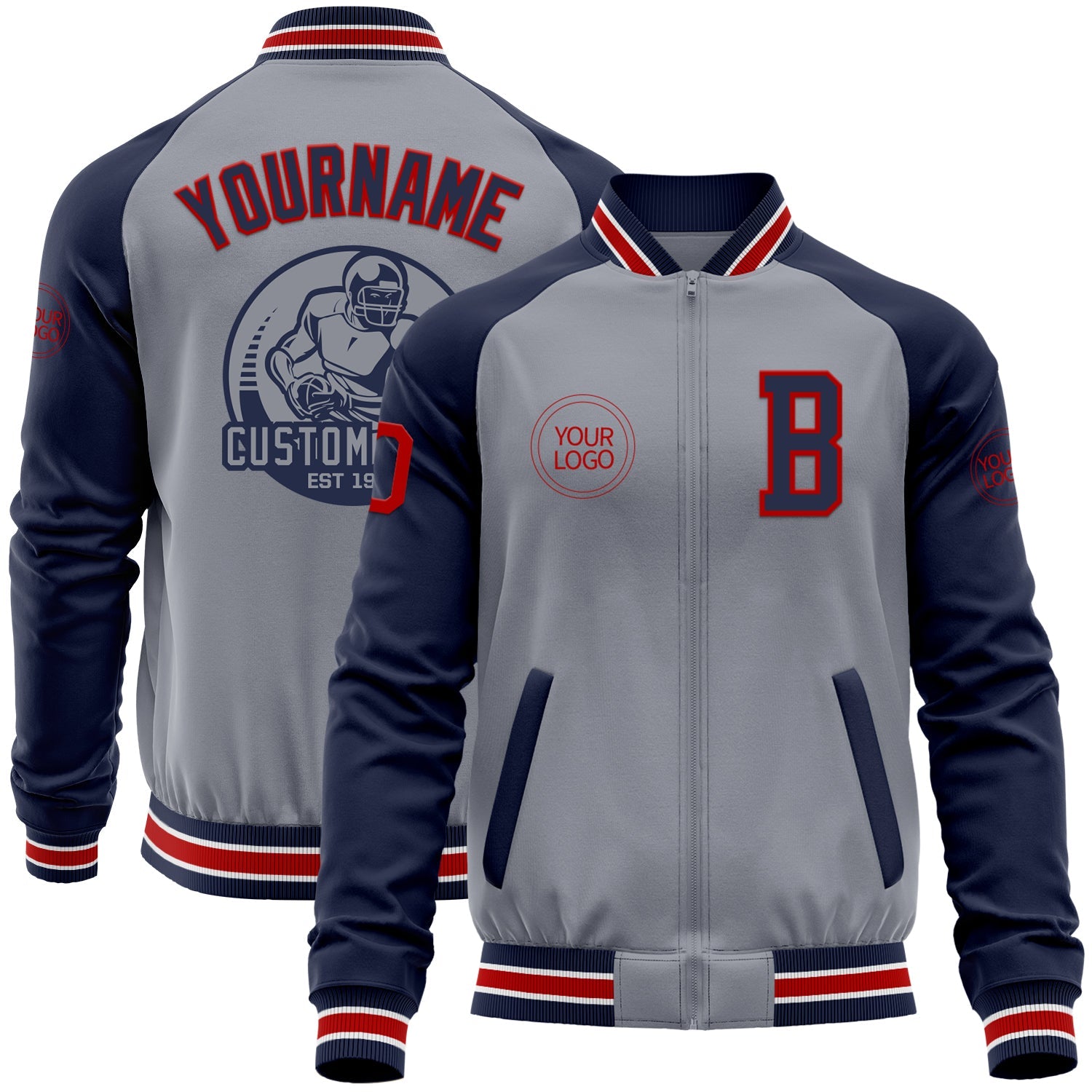 Custom Gray Red-Navy Varsity Letterman Two Tone Zipper Jacket - Main View