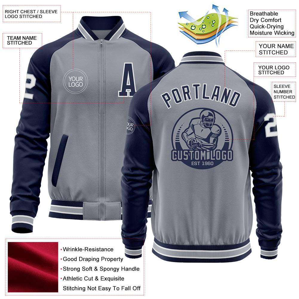 Custom Gray White-Navy Varsity Letterman Two Tone Zipper Jacket view 4