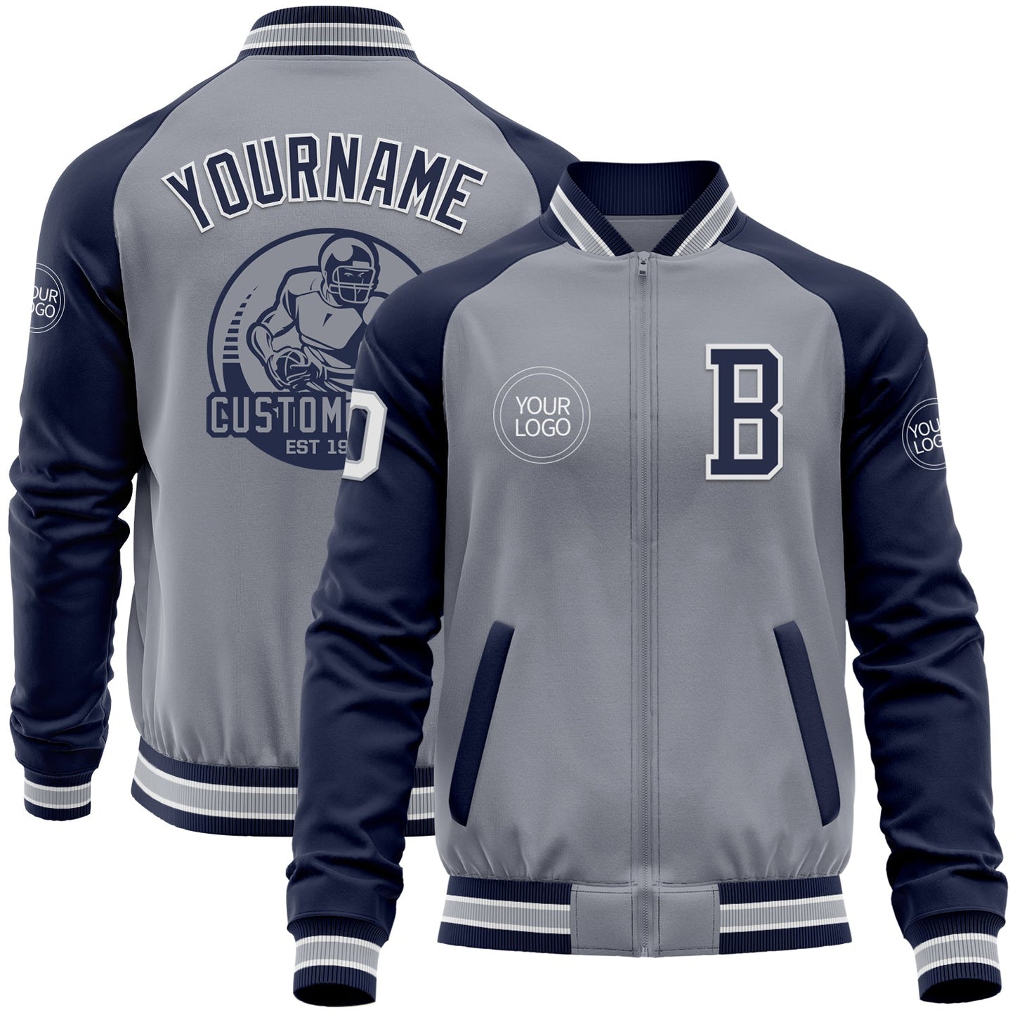 Custom Gray White-Navy Varsity Letterman Two Tone Zipper Jacket - Main View